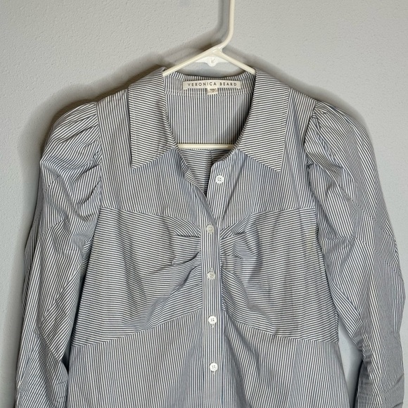 Veronica Beard Navy and White Striped Button Down Shirt - Picture 4 of 9